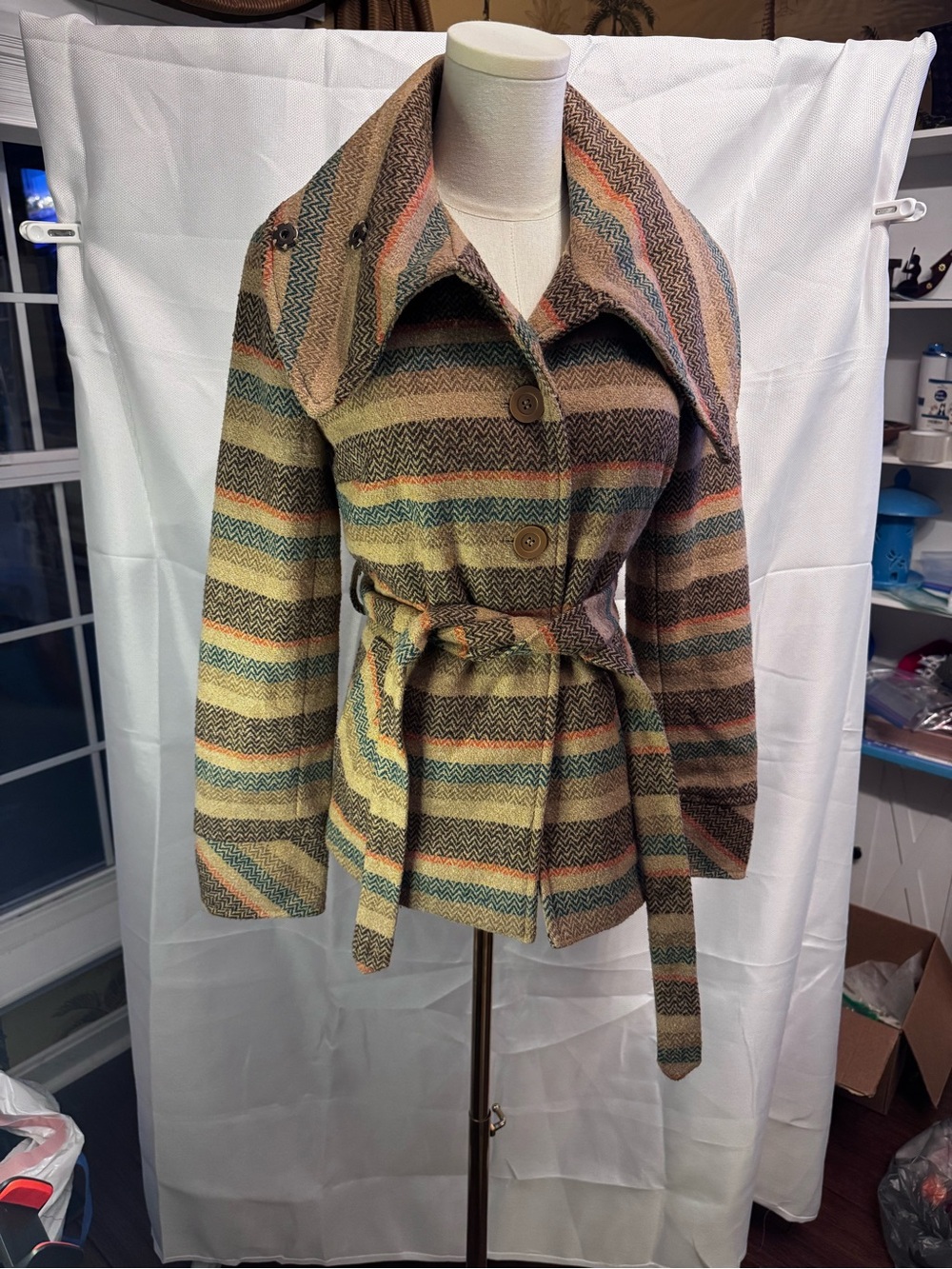 Womens Striped Belted Wool-Blend Jacket - Multicolor